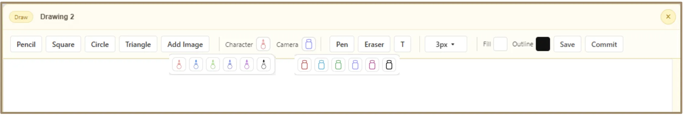 Character and Camera figurines placed on the canvas with color cycling options